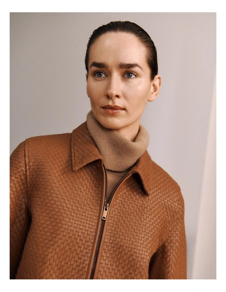 Woven Leather Jacket in Chestnut image 2