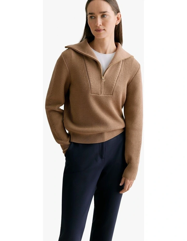 Merino Textured Half Zip Pullover in Dark Camel image 1