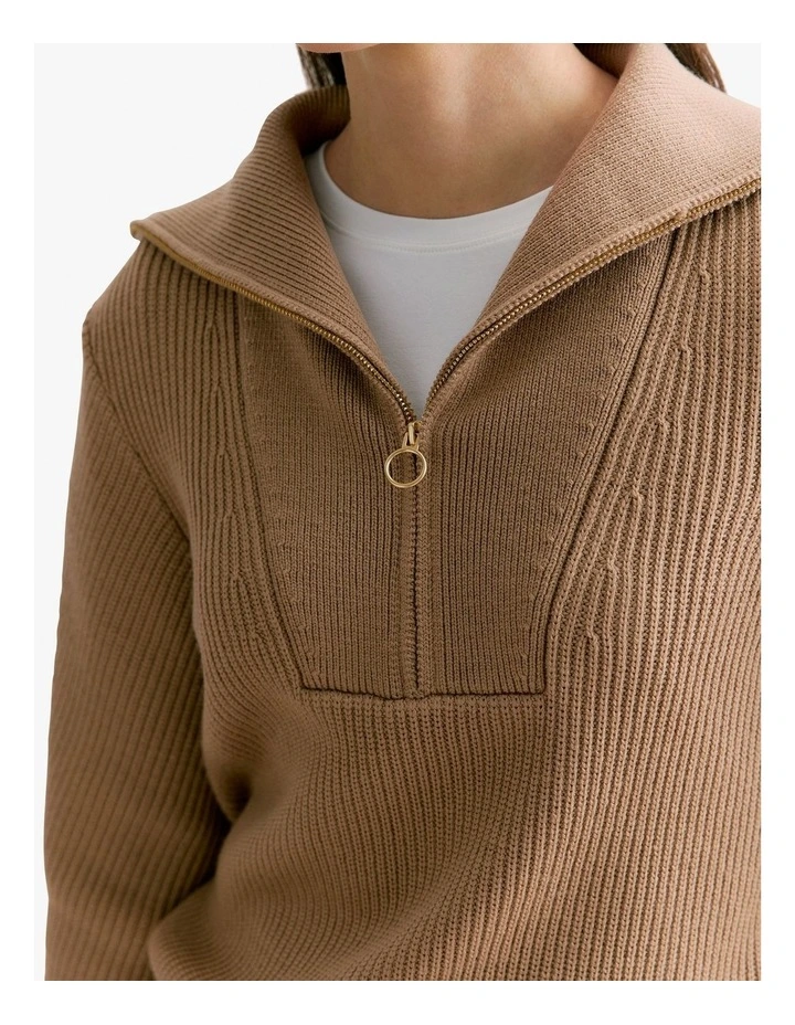 Merino Textured Half Zip Pullover in Dark Camel image 3