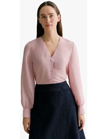 Linen Silk V Neck Blouse in Mauve Pink