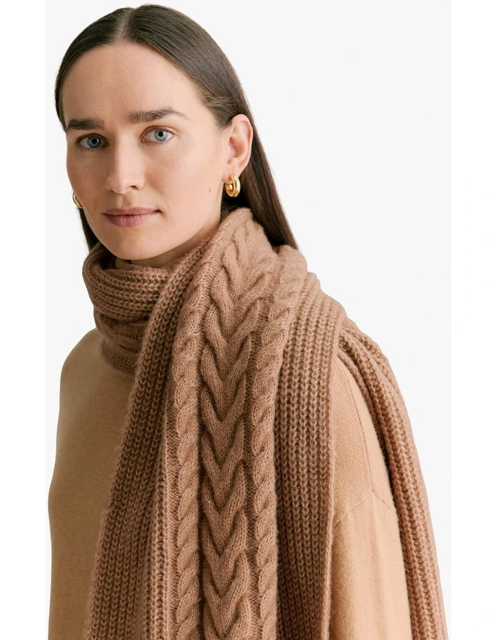Merino Cable Knit Scarf in Dark Camel image 2