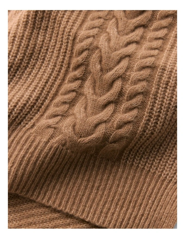 Merino Cable Knit Scarf in Dark Camel image 3