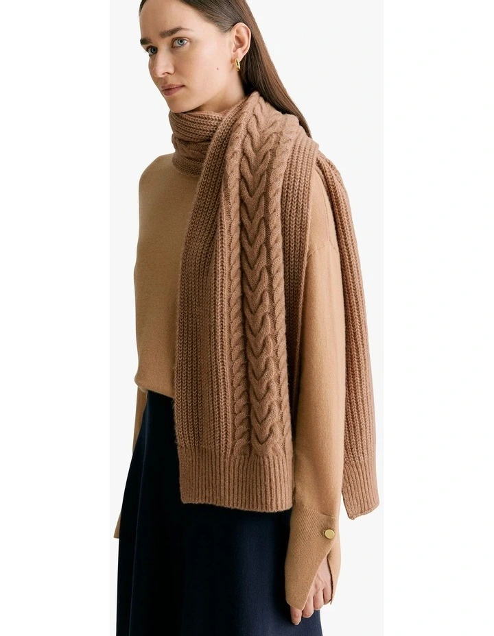 Merino Cable Knit Scarf in Dark Camel image 4