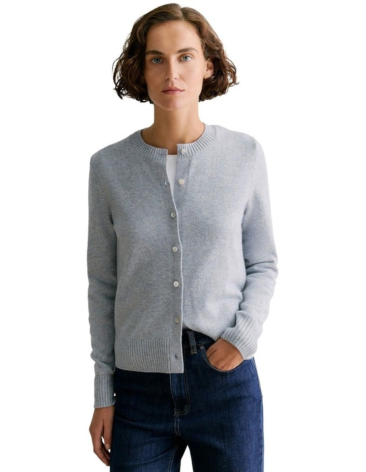 Wool Cashmere Speckled Crew Cardigan in Grey Marle image 1