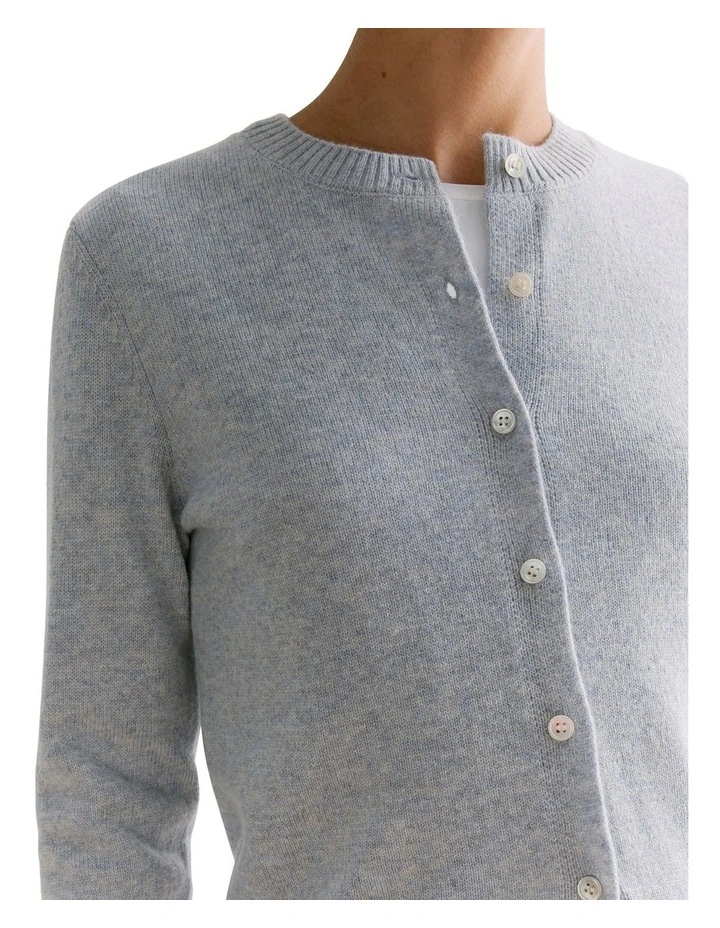 Wool Cashmere Speckled Crew Cardigan in Grey Marle image 3