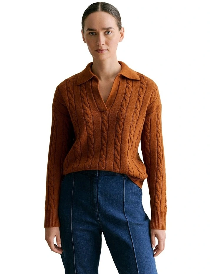 Merino Cashmere Cable Knit Polo in Cognac image 1