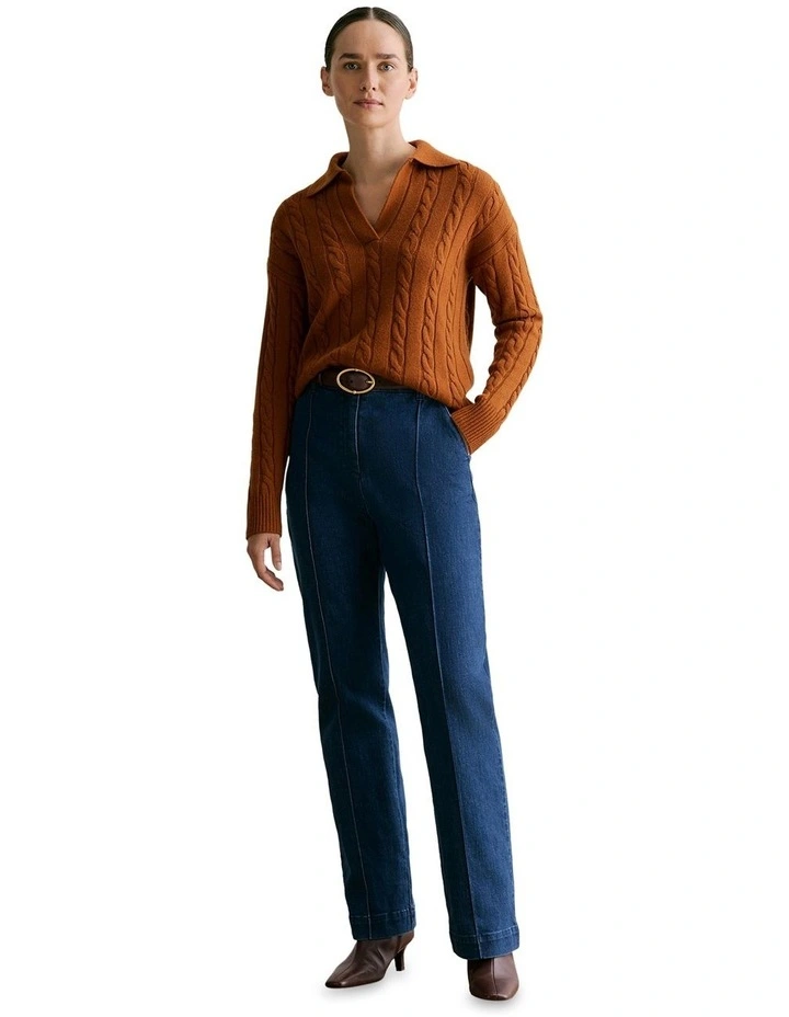 Merino Cashmere Cable Knit Polo in Cognac image 2