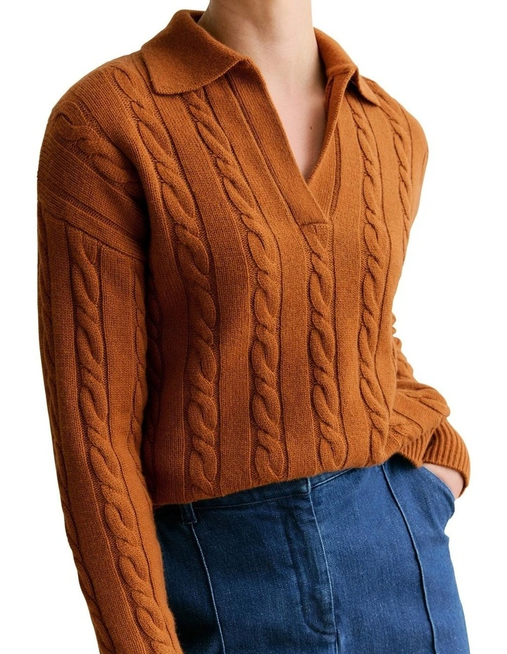 Merino Cashmere Cable Knit Polo in Cognac image 3