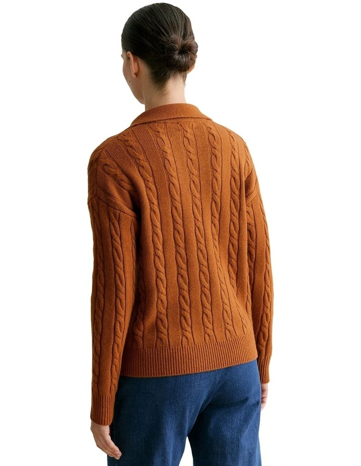 Merino Cashmere Cable Knit Polo in Cognac image 4
