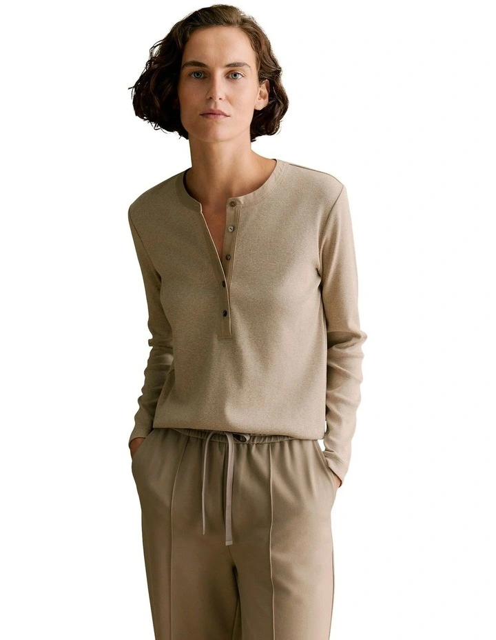 Cotton Rib Henley in Taupe Marle image 1