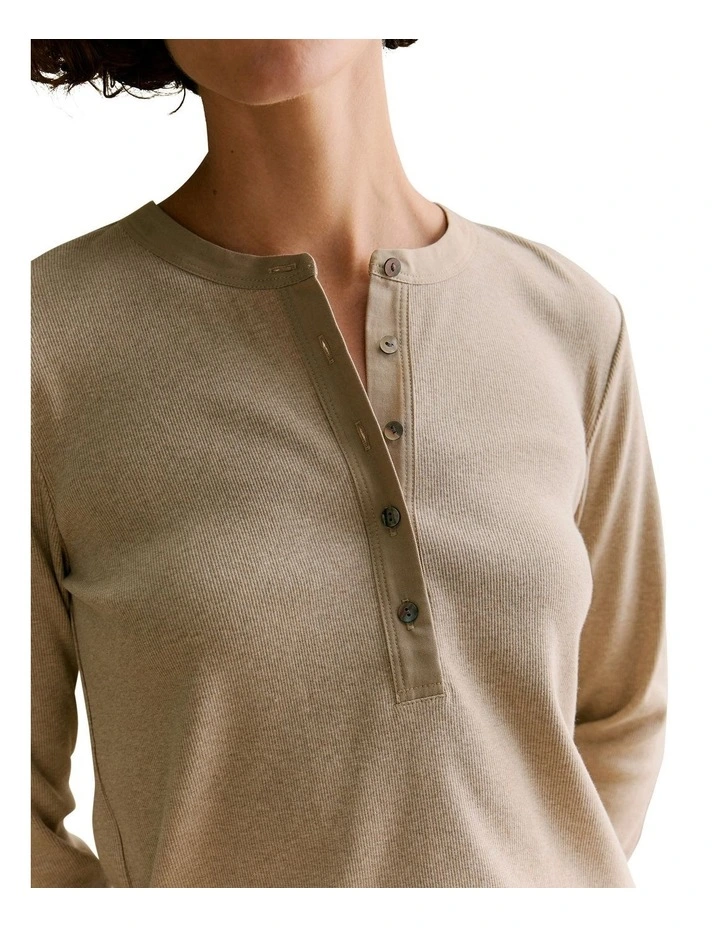Cotton Rib Henley in Taupe Marle image 3