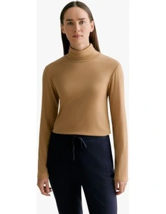 Tencel Wool Fine Rib Roll Neck Top in Camel