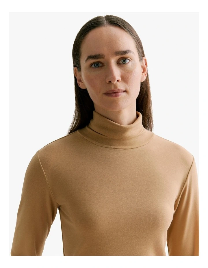 Tencel Wool Fine Rib Roll Neck Top in Camel image 3