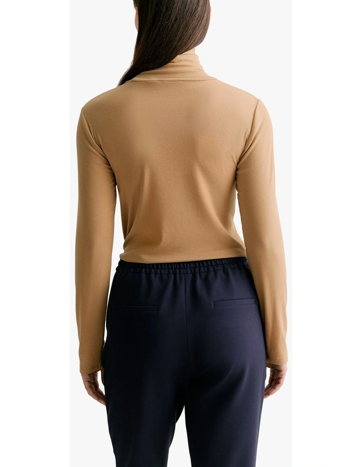 Tencel Wool Fine Rib Roll Neck Top in Camel image 4