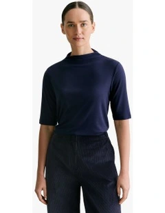 Lyocell Wool Rib Mock Neck T-shirt in Navy