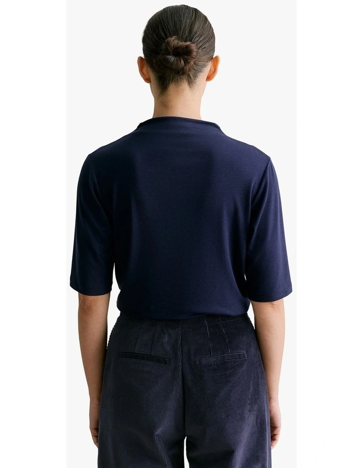 Lyocell Wool Rib Mock Neck T-shirt in Navy image 3