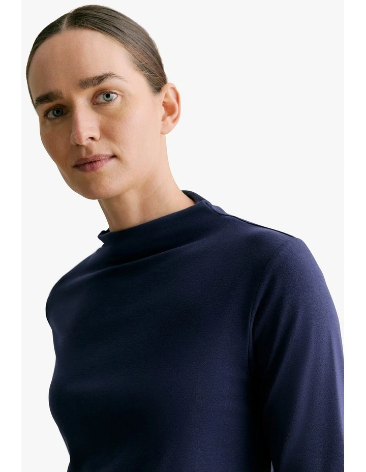 Lyocell Wool Rib Mock Neck T-shirt in Navy image 4