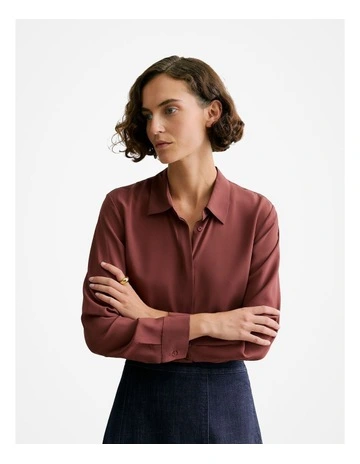 Silk Concealed Placket Shirt in Maroon