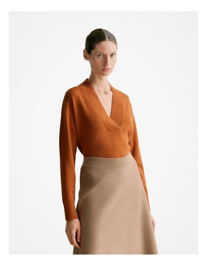 Cotton Cashmere Relaxed V Neck Knit Jumper in Cognac image 1