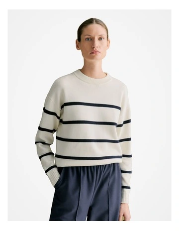 Cotton Cashmere Textured Stripe Crew Neck Jumper in Cream