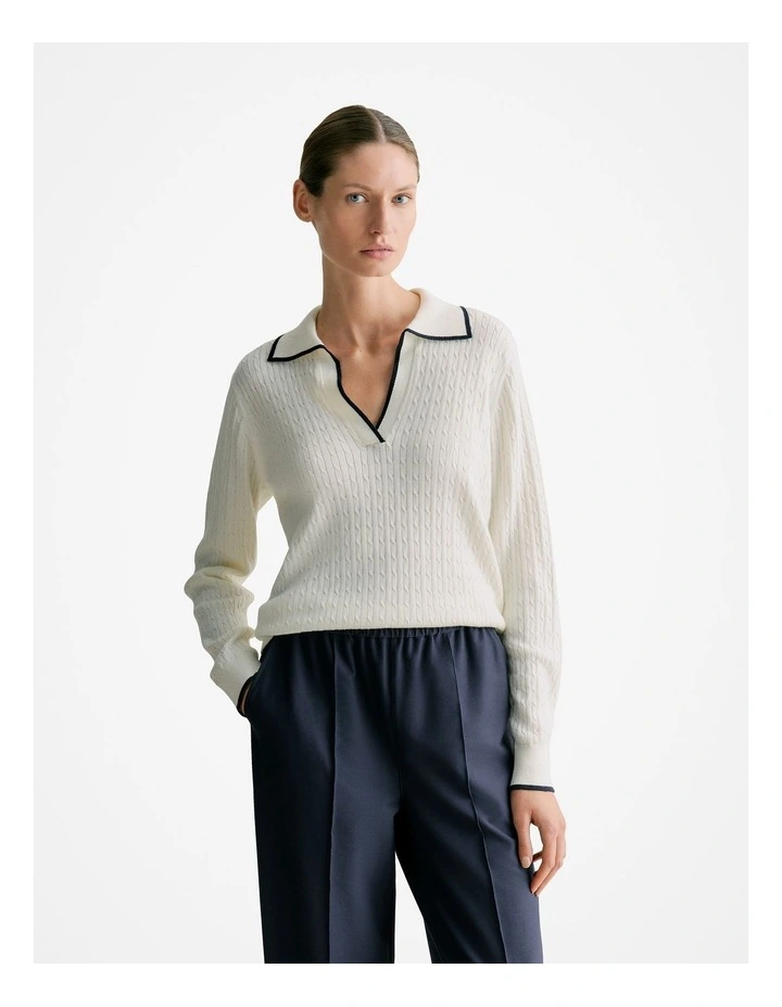 Cotton Cashmere Cable Tipped Polo Knit Jumper in Cream image 1