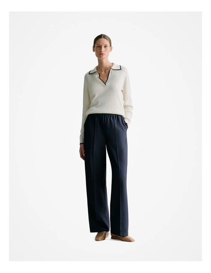Cotton Cashmere Cable Tipped Polo Knit Jumper in Cream image 2