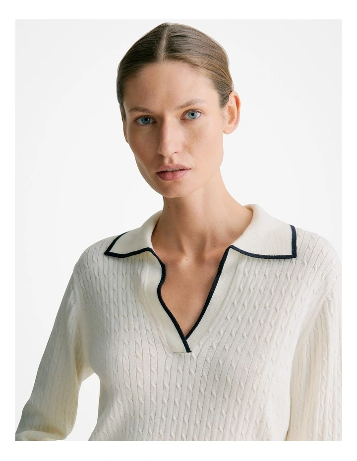 Cotton Cashmere Cable Tipped Polo Knit Jumper in Cream image 3