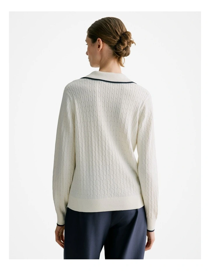 Cotton Cashmere Cable Tipped Polo Knit Jumper in Cream image 4