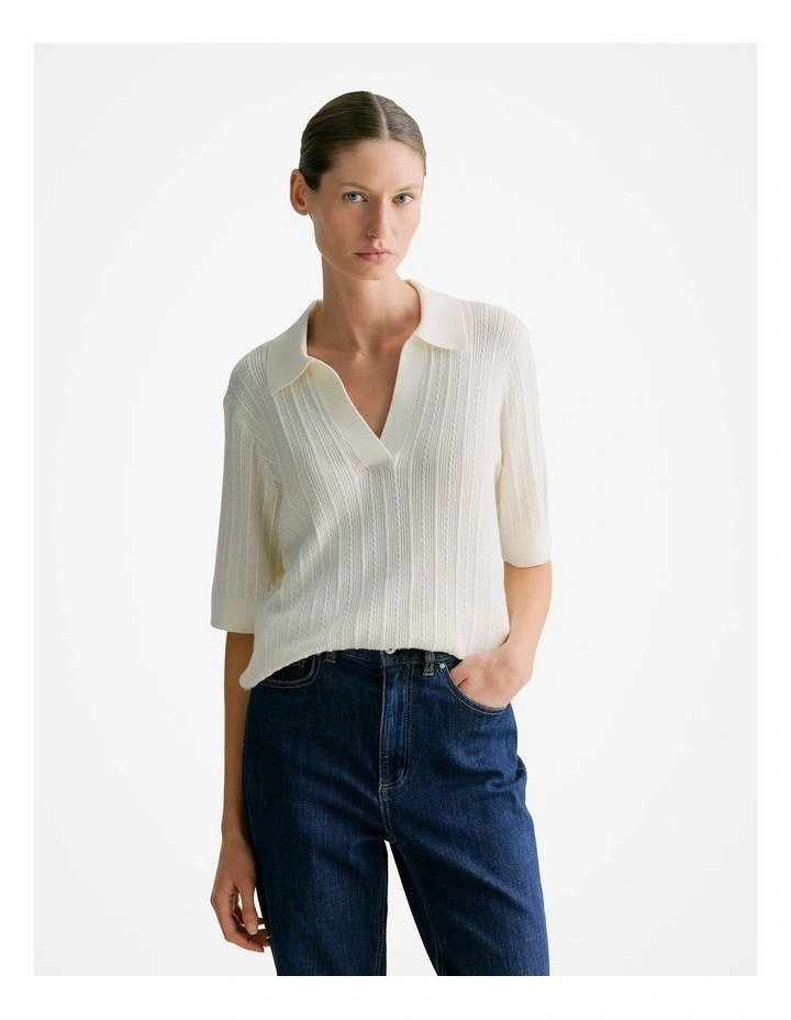 Cotton Cashmere Cable Short Sleeve Polo Knit Jumper in Cream image 1