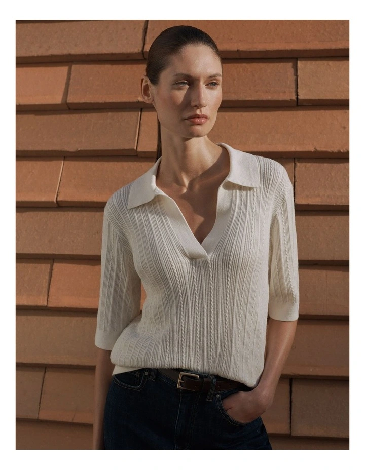 Cotton Cashmere Cable Short Sleeve Polo Knit Jumper in Cream image 2