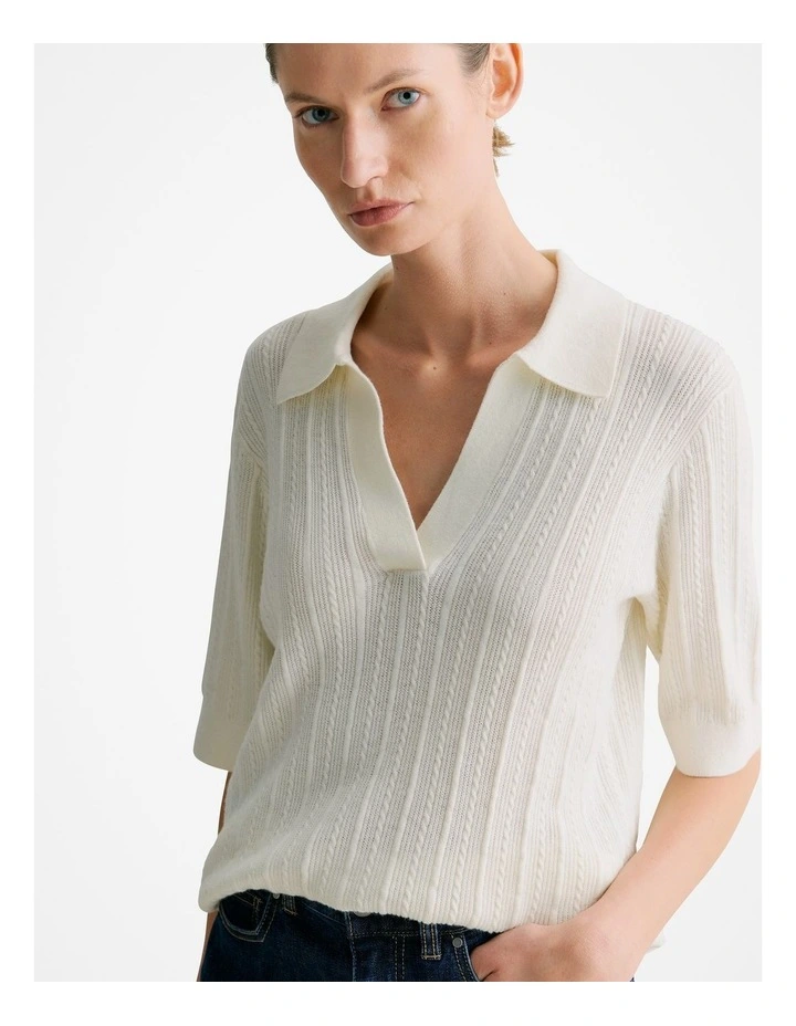 Cotton Cashmere Cable Short Sleeve Polo Knit Jumper in Cream image 4