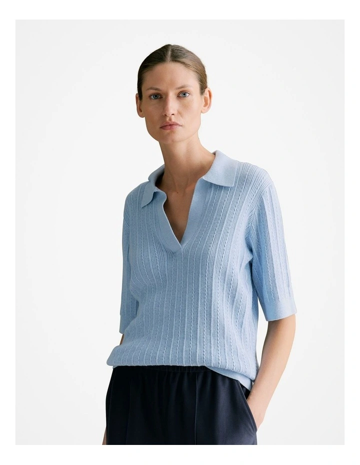 Cotton Cashmere Cable Short Sleeve Polo Knit Jumper in Cornflower image 1
