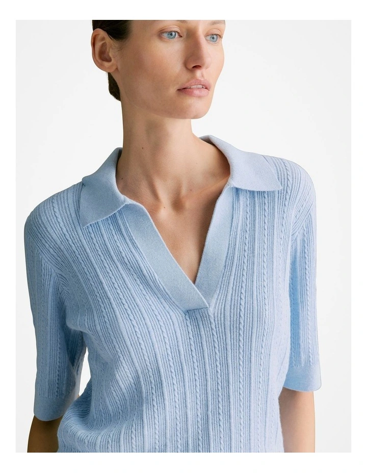 Cotton Cashmere Cable Short Sleeve Polo Knit Jumper in Cornflower image 3