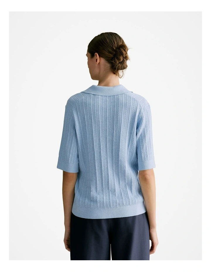 Cotton Cashmere Cable Short Sleeve Polo Knit Jumper in Cornflower image 4