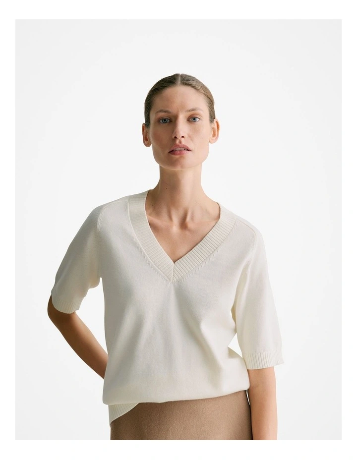 Cotton Cashmere V Neck Knit Jumper in Cream image 1