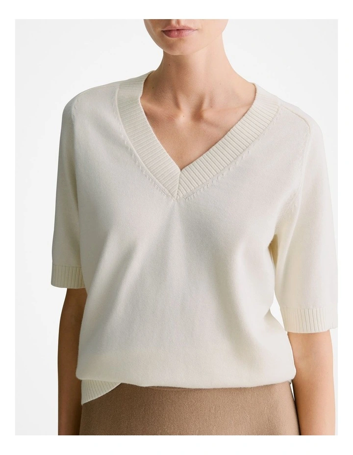 Cotton Cashmere V Neck Knit Jumper in Cream image 3
