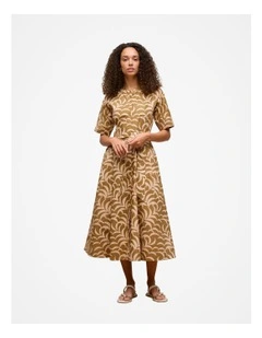 Fern Leaf Poplin Short Sleeve Dress in Golden Brown