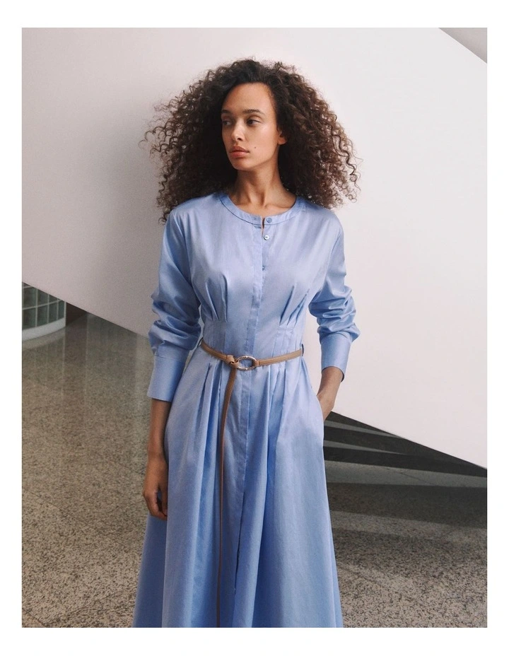 Cotton Sateen Belted Dress in Dove Blue image 2