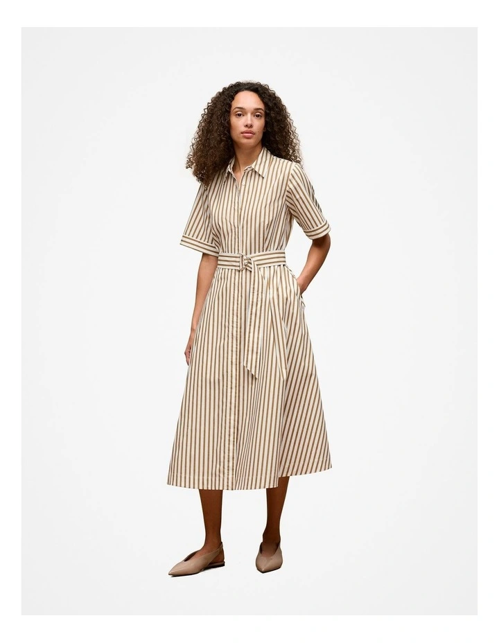 Poplin Stripe Belted Dress in Golden Brown image 2
