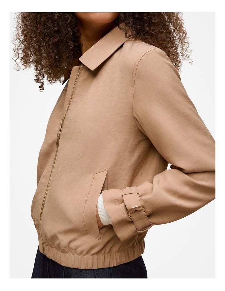 Draped Zip Through Blouson Jacket in Light Camel image 3