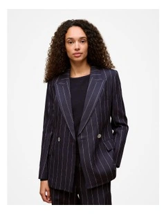 Linen Pinstripe Double Breasted Blazer in Night Sky