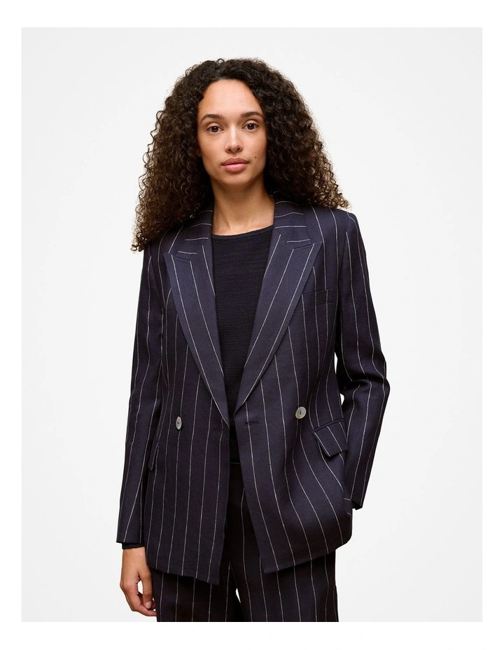 Linen Pinstripe Double Breasted Blazer in Night Sky image 1
