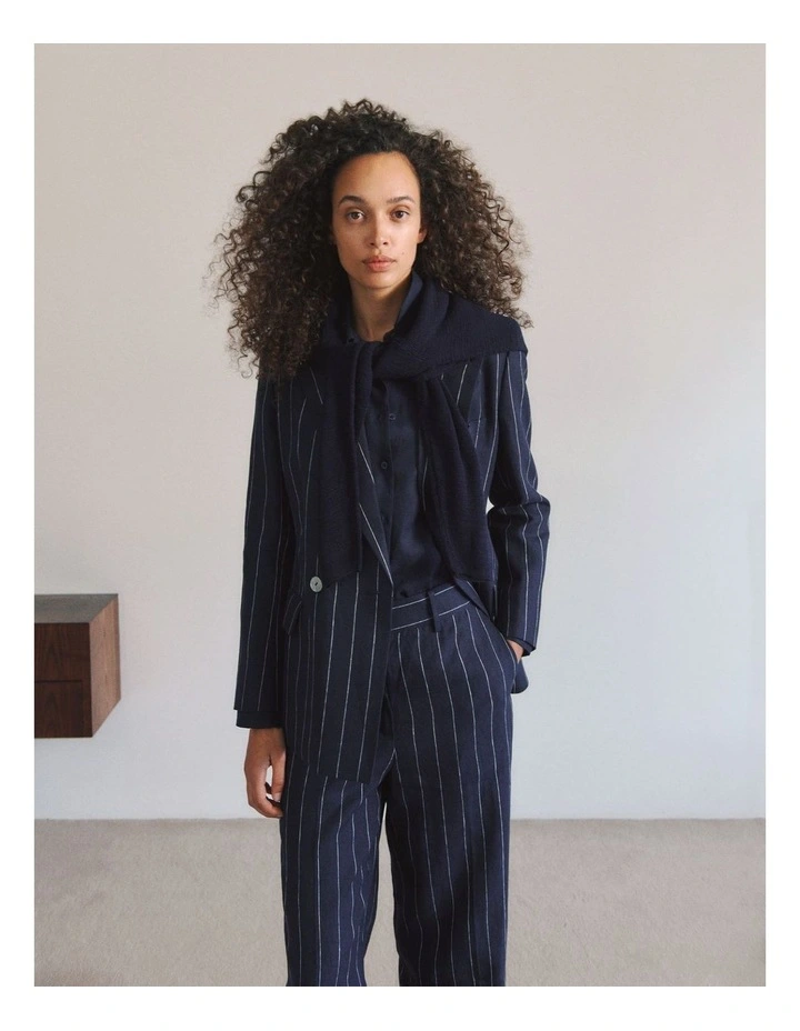 Linen Pinstripe Double Breasted Blazer in Night Sky image 2