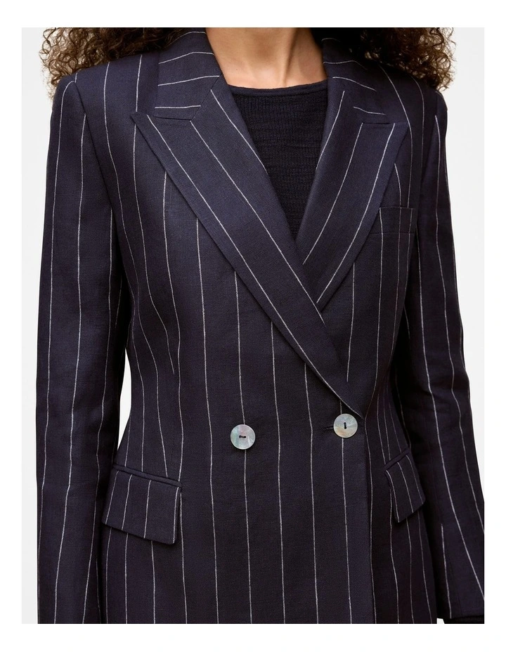 Linen Pinstripe Double Breasted Blazer in Night Sky image 4