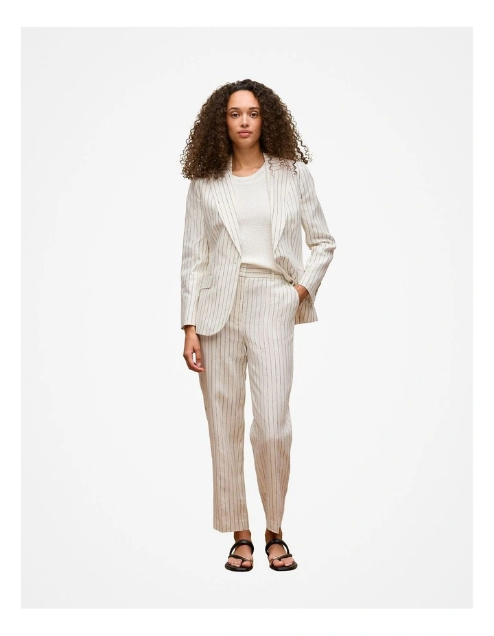 Linen Pinstripe Single Breasted Blazer in White image 2