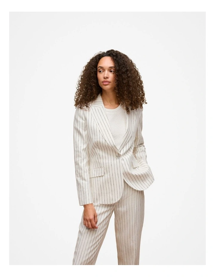 Linen Pinstripe Single Breasted Blazer in White image 3