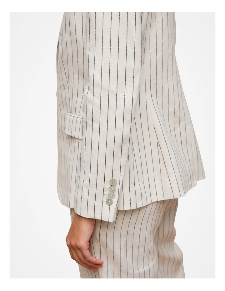 Linen Pinstripe Single Breasted Blazer in White image 4
