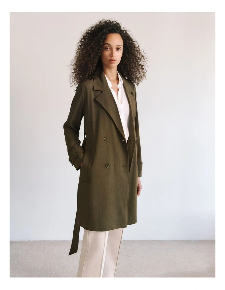 Soft Mid Length Trench Coat in Dark Khaki image 2