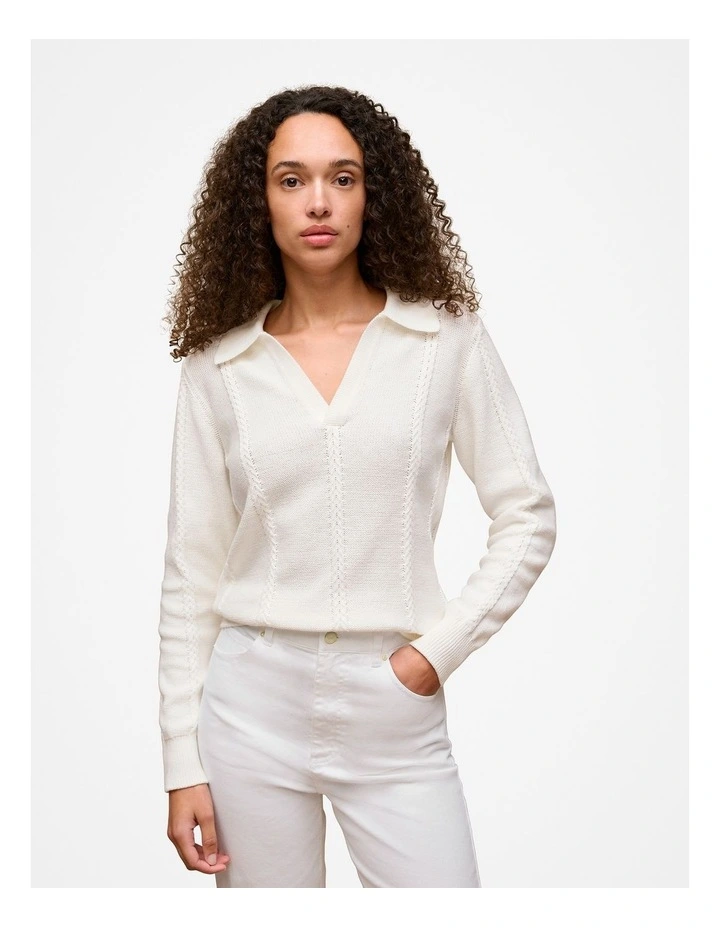 Cotton Cable Knit Polo in Off White image 1