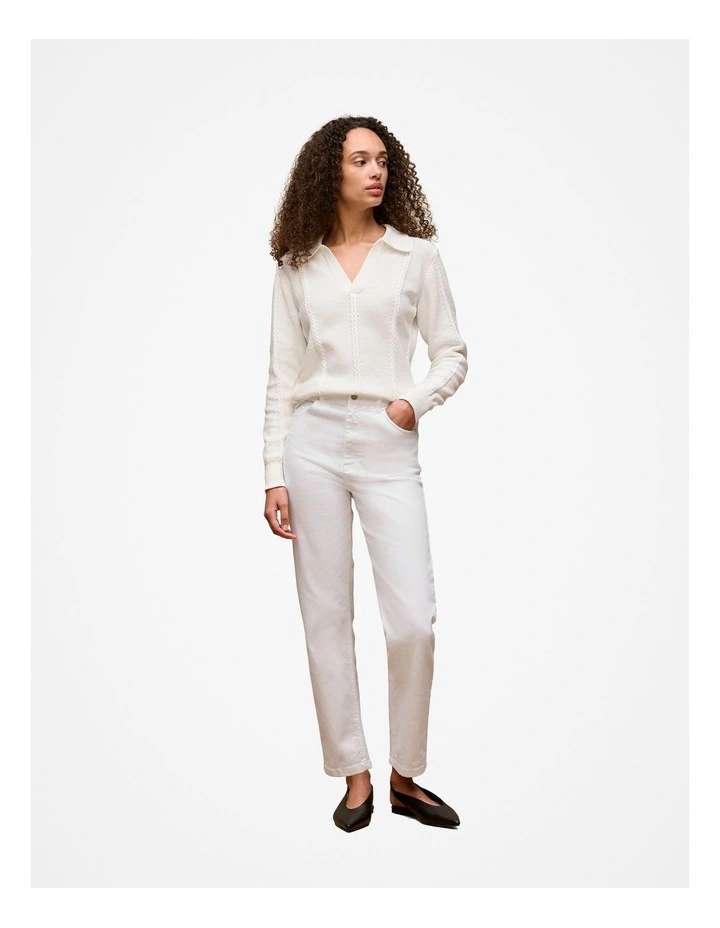 Cotton Cable Knit Polo in Off White image 2